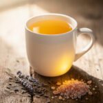 Golden nighttime rehydration tea with pink Himalayan salt in a glass mug