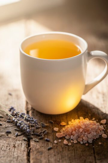Golden nighttime rehydration tea with pink Himalayan salt in a glass mug