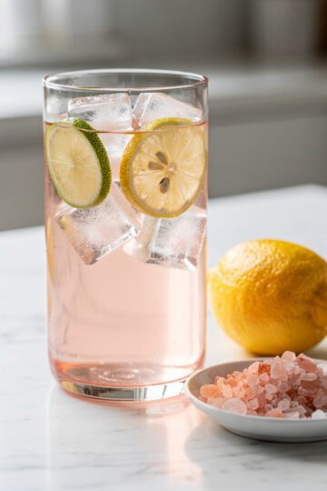 Pale pink Himalayan salt electrolyte drink with lemon and mint for sauna recovery