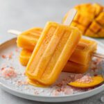 Pink Himalayan salt electrolyte popsicles with coconut water and mango puree.