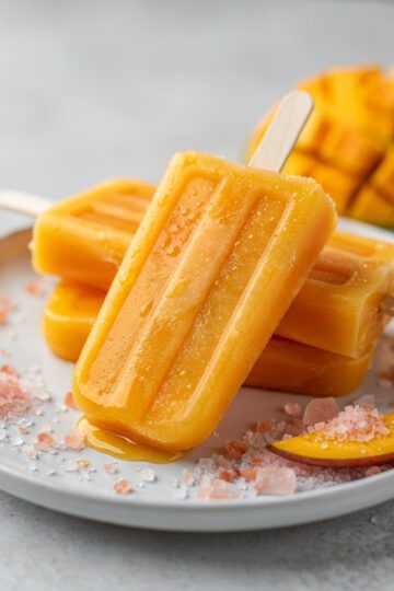 Pink Himalayan salt electrolyte popsicles with coconut water and mango puree.