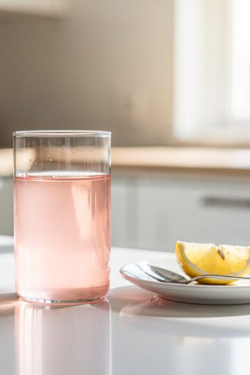Pink Himalayan salt water with lemon in morning light for health benefits.