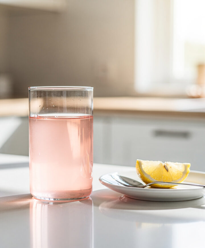 Pink Himalayan salt water with lemon in morning light for health benefits.