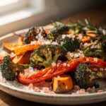 Crispy roasted vegetables with pink salt on a rustic wooden board.