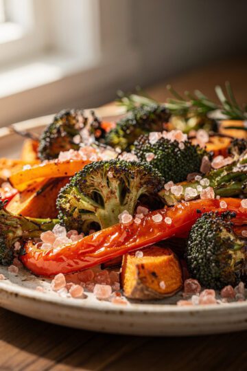 Crispy roasted vegetables with pink salt on a rustic wooden board.