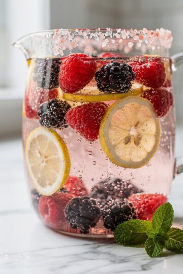 Berry citrus pink salt infused water recipe in a clear glass pitcher