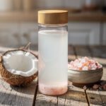 Homemade coconut water pink Himalayan salt electrolyte drink in clear glass bottle