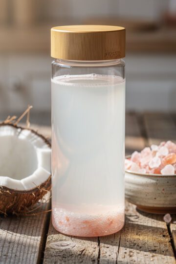 Homemade coconut water pink Himalayan salt electrolyte drink in clear glass bottle
