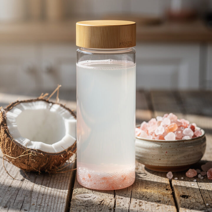 Homemade coconut water pink Himalayan salt electrolyte drink in clear glass bottle