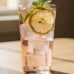 Sparkling pink Himalayan salt electrolyte drink with lemon and mint in a glass.