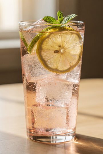 Sparkling pink Himalayan salt electrolyte drink with lemon and mint in a glass.