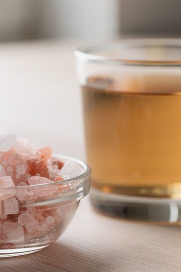 Himalayan pink salt trick recipe glass with lemon wedge on marble counter