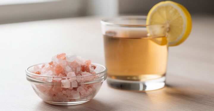 Himalayan pink salt trick recipe glass with lemon wedge on marble counter