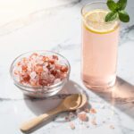Pink Himalayan salt crystals next to a refreshing pink lemon electrolyte drink