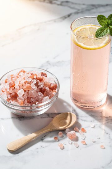 Pink Himalayan salt crystals next to a refreshing pink lemon electrolyte drink