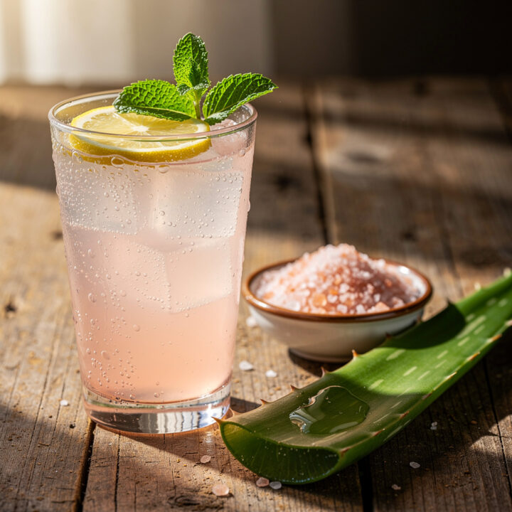 Pale pink lemon aloe refresher with mint and Himalayan salt on rustic table.