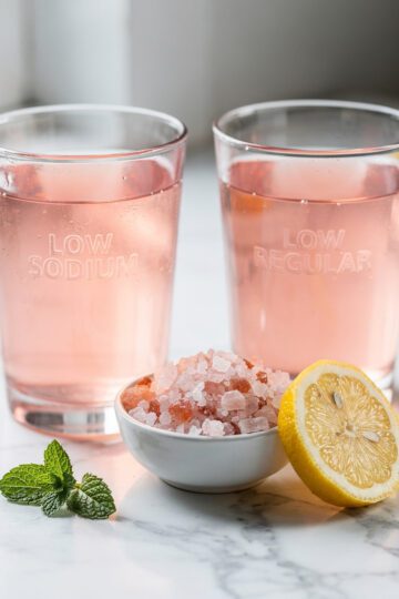A close up overhead shot of two vibrant pink electrolyte drinks on marble.