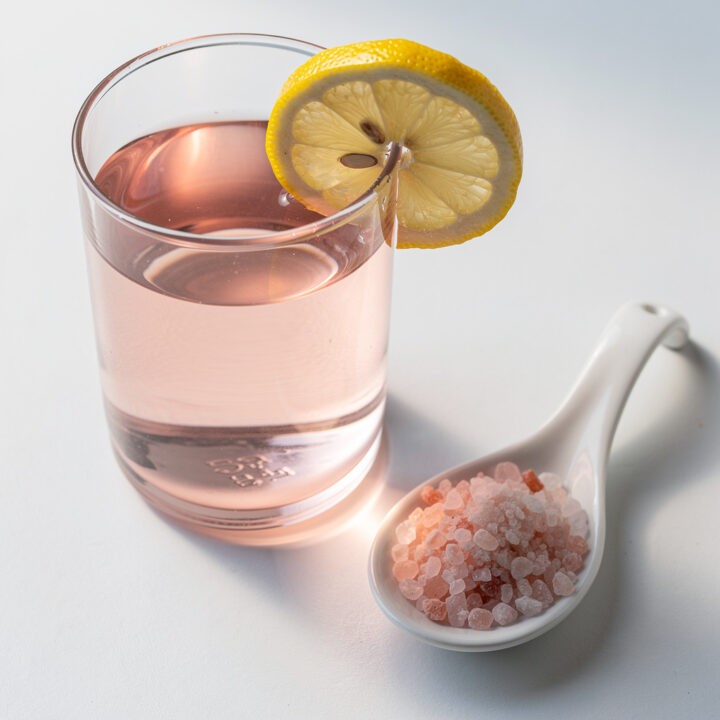 Pink Himalayan salt lemon water recipe in clear glass for health.