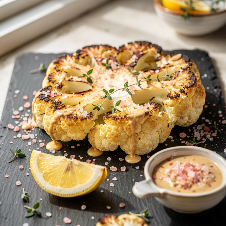 Pink salt roasted cauliflower steaks with crispy edges and creamy lemon tahini sauce.