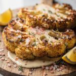 Pink salt roasted cauliflower steaks with crispy edges and lemon tahini sauce