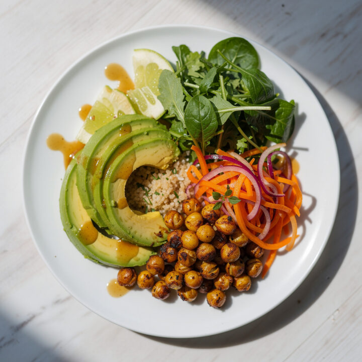 Healthy weight loss recipe with creamy avocado and crispy chickpeas plated.