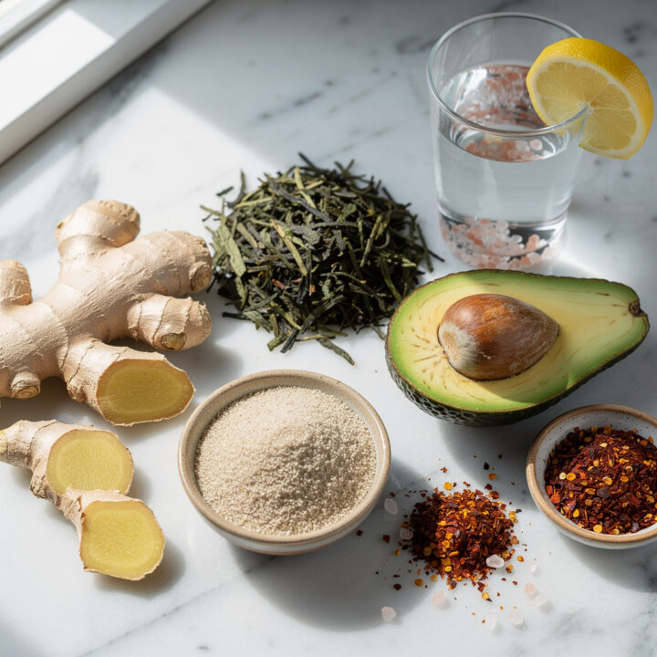 Natural appetite suppressant ingredients like psyllium husk and ginger on marble