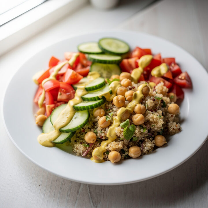 Healthy quinoa chickpea salad with creamy lemon tahini dressing for weight loss.