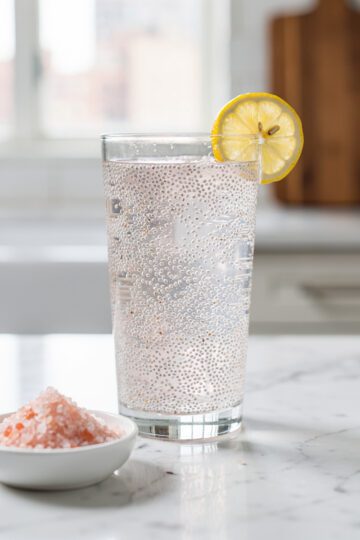 Chia seed water with pink salt and lemon slice on marble.