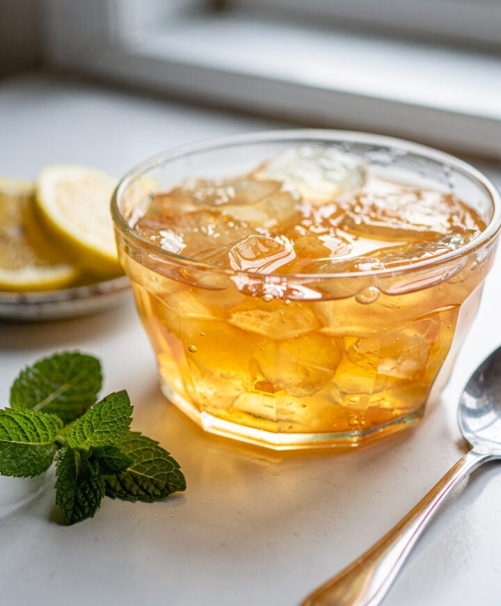 Golden gelatin quivers in bowl for weight loss guide.