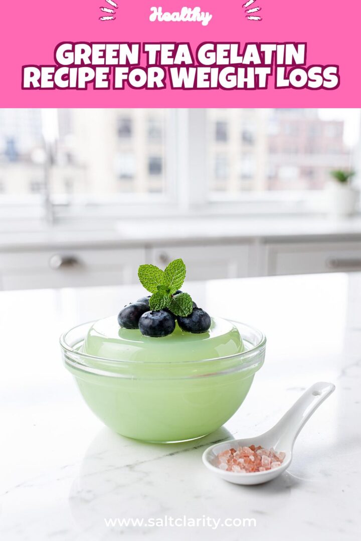 Green tea gelatin with blueberries and mint in glass bowl