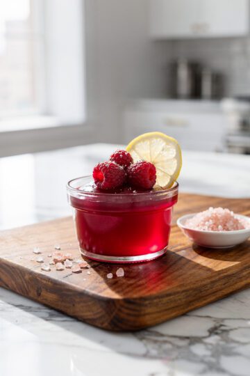 Ruby red hibiscus gelatin dessert with fresh raspberries