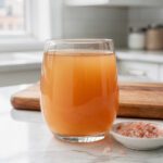 Golden warm bone broth in white mug on marble countertop