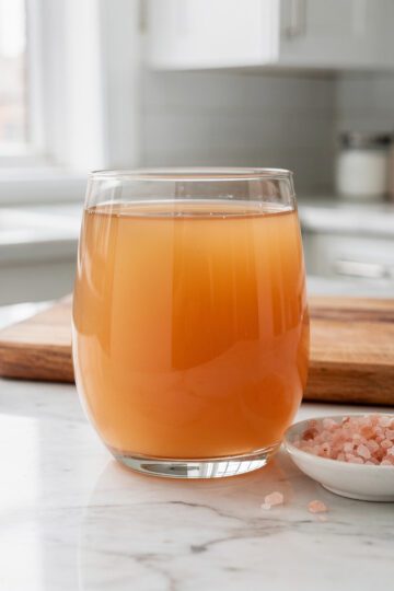 Golden warm bone broth in white mug on marble countertop