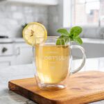 Clear herbal infusion in glass on marble countertop