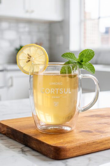 Clear herbal infusion in glass on marble countertop