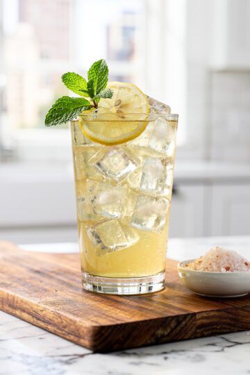 Chilled lemon balm infusion in bright modern kitchen