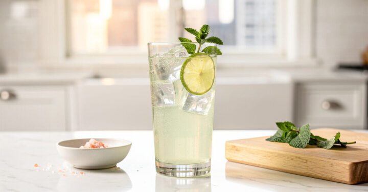 Lemon balm sparkling mocktail in bright modern kitchen