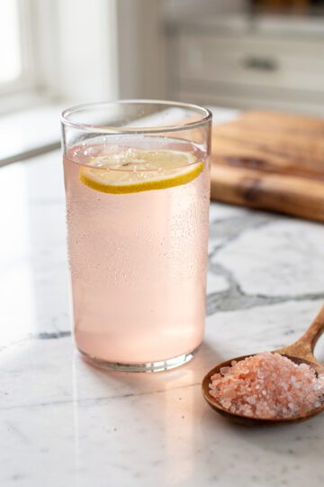 Pink Himalayan salt electrolyte drink with lemon on marble countertop