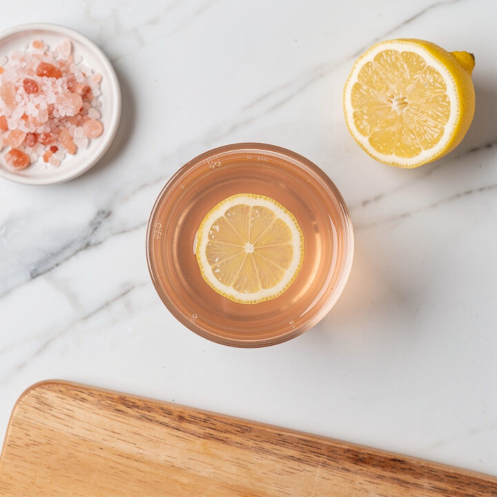 Overhead view of the pink salt neuropathy drink, warm lemon water with pink Himalayan salt crystals