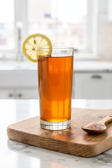 Warm morning tonic with lemon and honey on marble countertop